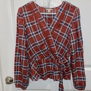 Plaid Surplice Tie-Waist Long Sleeve Top
